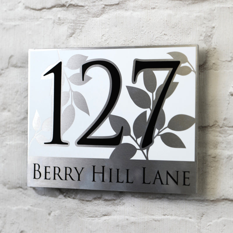 Floral House Number Sign or Address Plaques in Solid Aluminium
