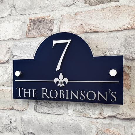 Fleur de lis House Number Sign in Navy Blue with Silver Lettering