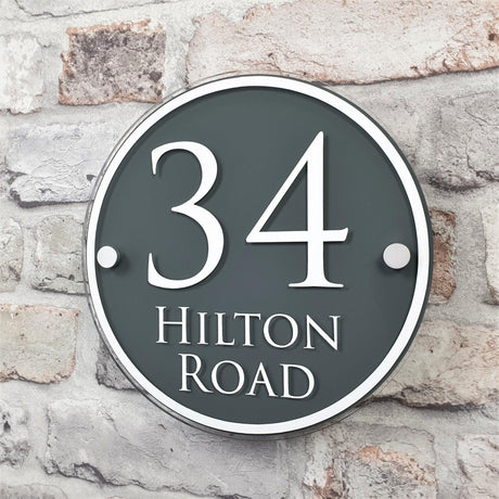 Round Slate Grey House Number Sign with White Lettering